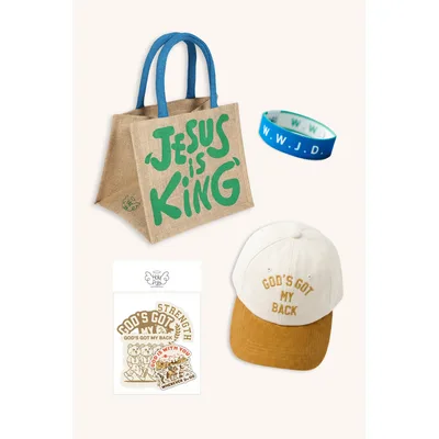 Boys Stocking Stuffer Bundle: Mini Tote, WWJD Bracelet, Cap and Stickers